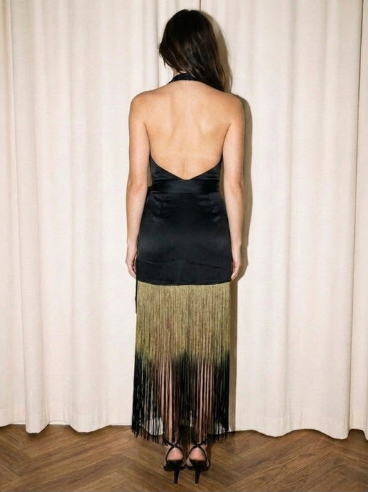 VESTIDO NEGRO FLECOS DORADOS HALTER