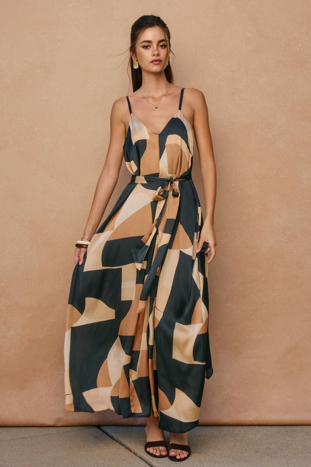 VESTIDO SEDA NEGRO BEIGE TIRANTE