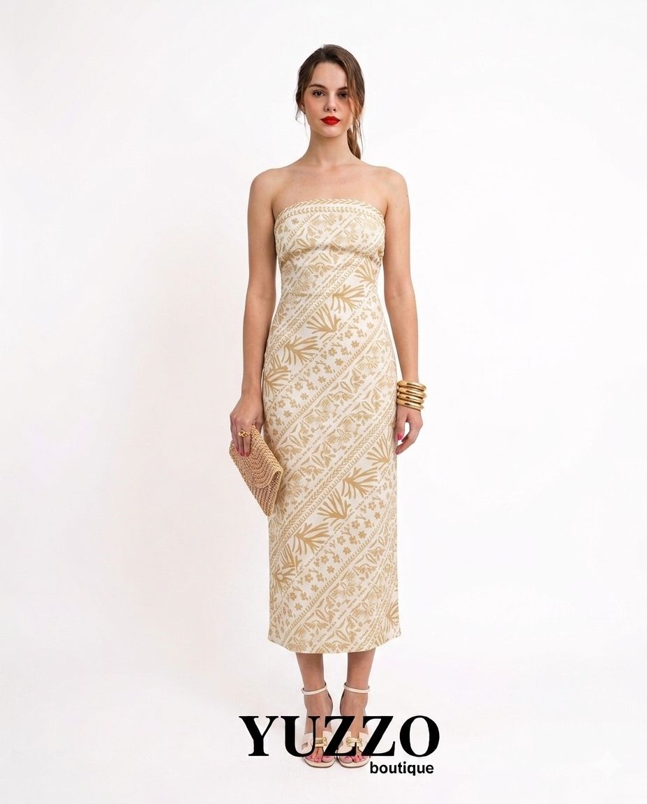 VESTIDO BEIGE GRECAS CREMAS TRAOLE RECTO