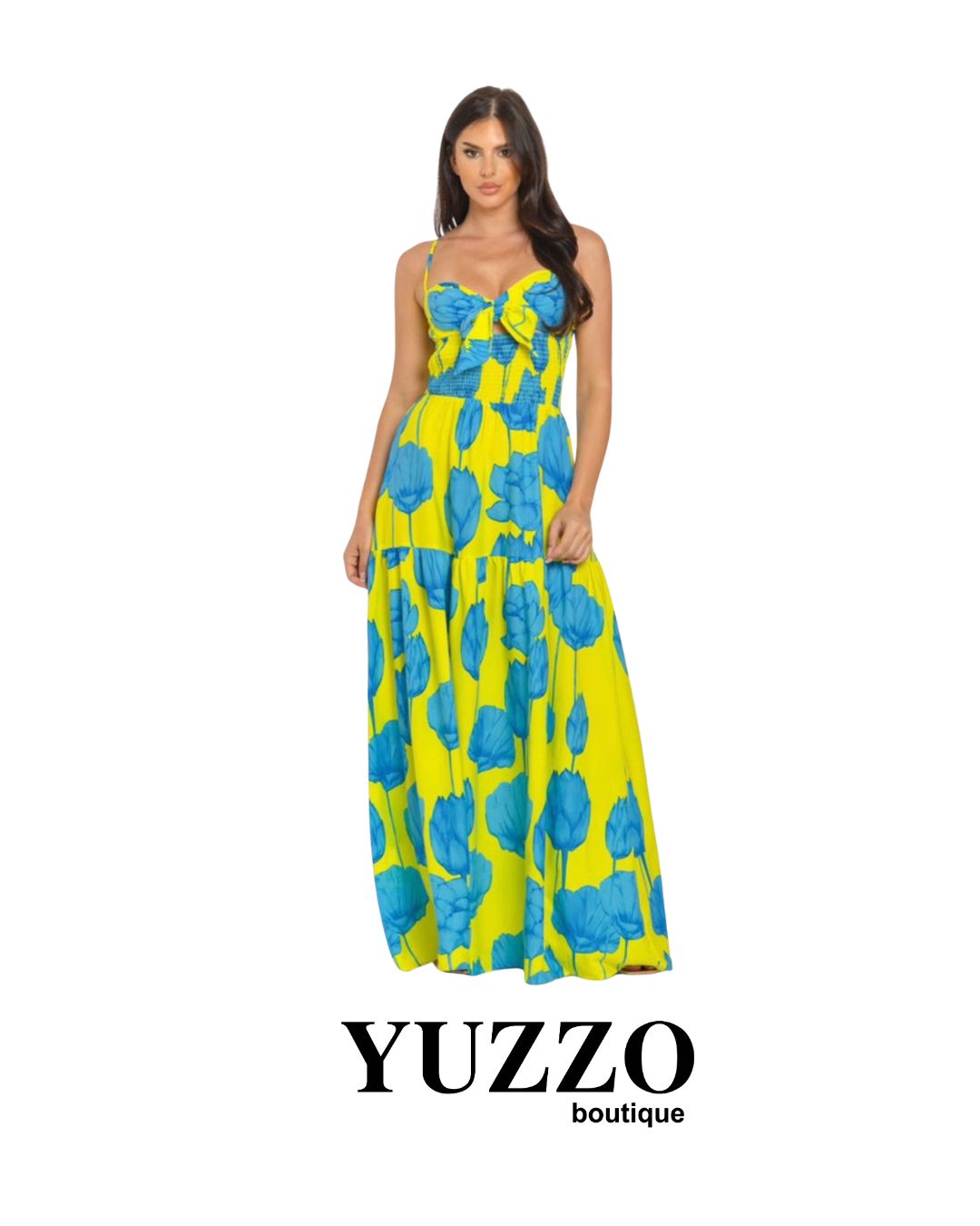 VESTIDO LIMÓN FLORES AZULES LARGO TIRANTES
