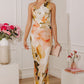 VESTIDO BEIGE FLORES NARANJA LARGO HALTER