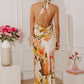 VESTIDO BEIGE FLORES NARANJA LARGO HALTER