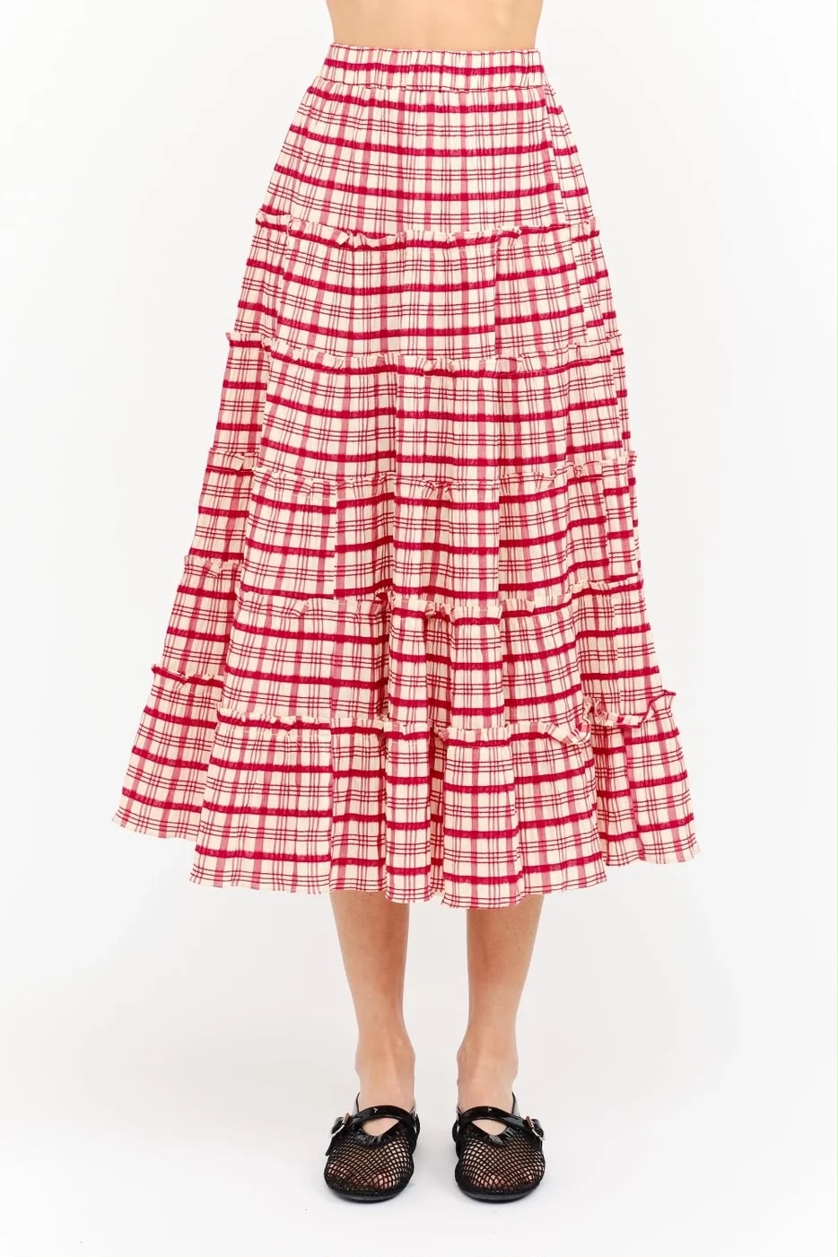 FALDA CUADROS BEIGE ROJO CIRCULAR