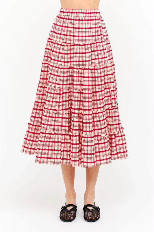 FALDA CUADROS BEIGE ROJO CIRCULAR