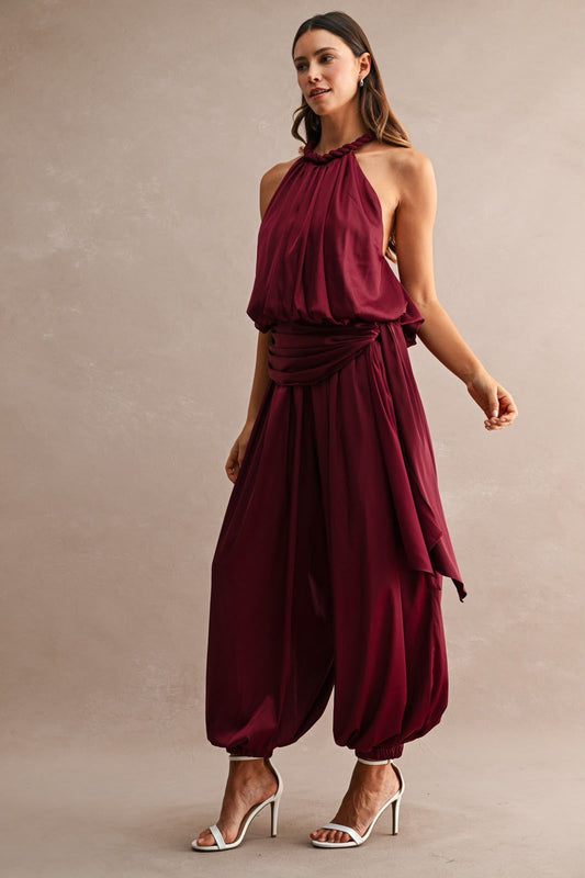 SET BURGANDY SEDA HALTER PANTALÓN GLOBO