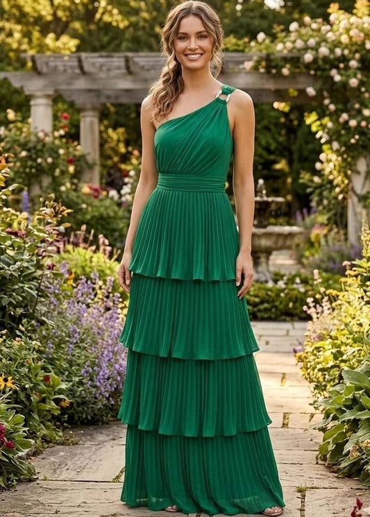 VESTIDO VERDE PLISADO UN HOMBRO LARGO