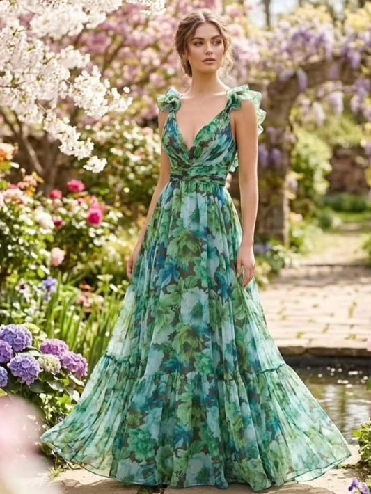 VESTIDO VERDE FLORES CHIFON ESCOTE CINTURA