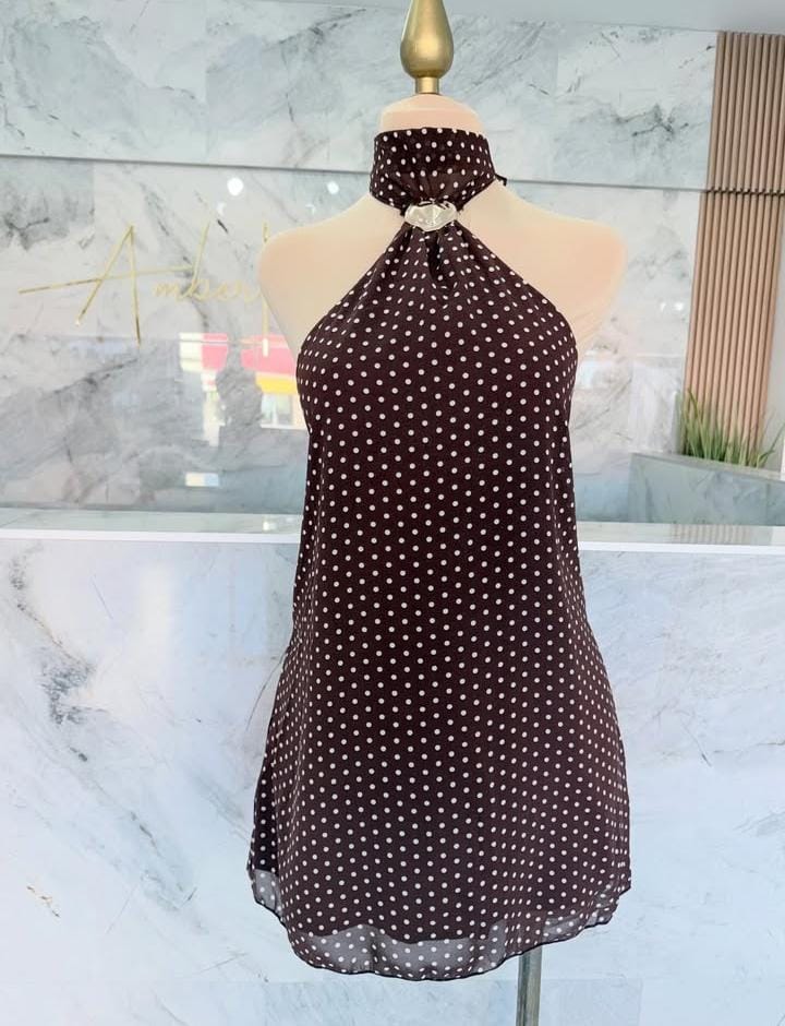 VESTIDO CAFE LUNARES BEIGE CORTO HALTER