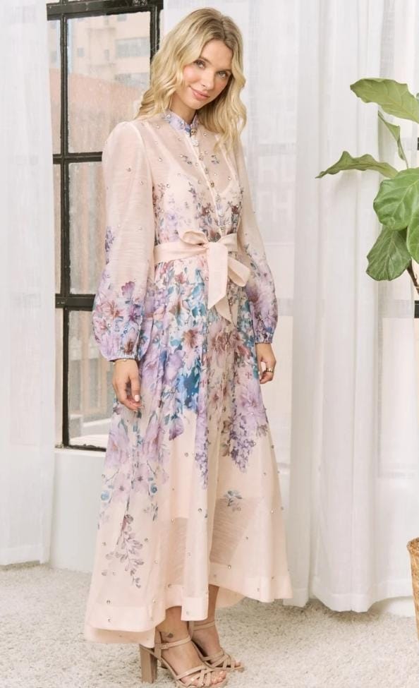 VESTIDO BEIGE FLORAL LARGO CIRCULAR