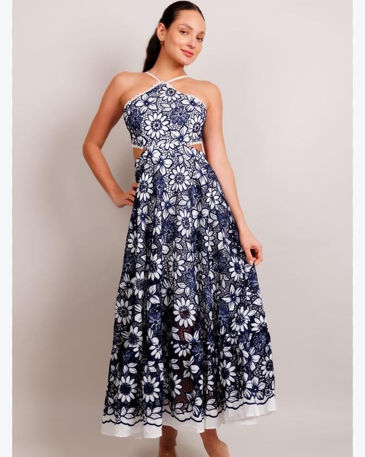 VESTIDO AZUL MARINO CIRCULAR FLORES MIDI