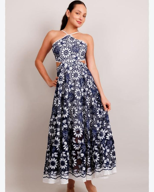 VESTIDO AZUL MARINO CIRCULAR FLORES MIDI