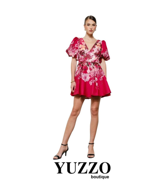 VESTIDO ROJO CIRCULAR FLORES CORTO