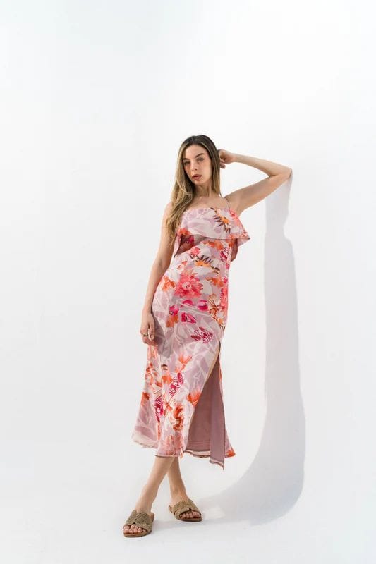 VESTIDO MORADO FLORES NARANJA RECTO MEDIA