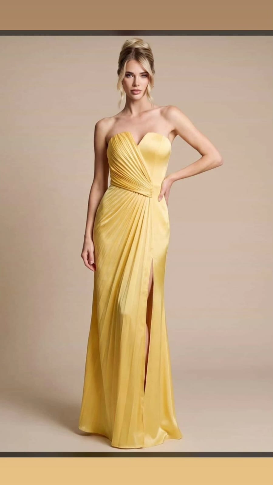 VESTIDO AMARILLO STRAPLE SEDA LARGO