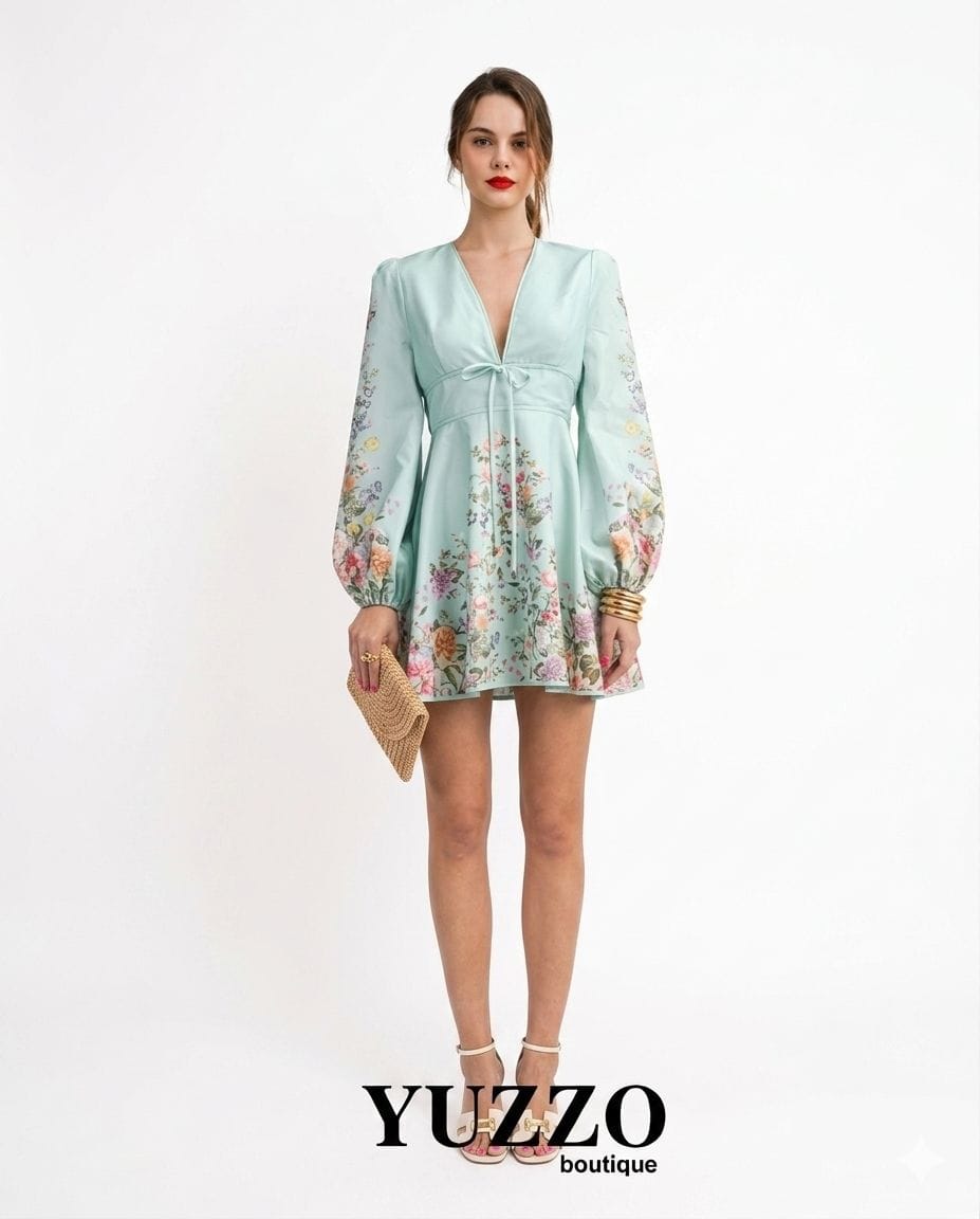 VESTIDO MENTA FLORES MANGAS CIRCULAR