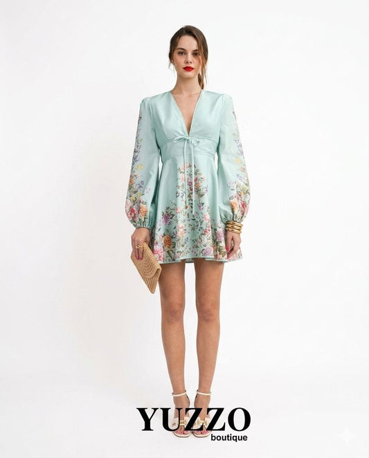 VESTIDO MENTA FLORES MANGAS CIRCULAR