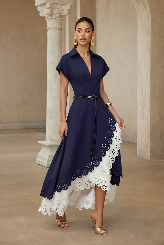 VESTIDO AZUL MARINO CON BLANCO