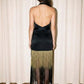 VESTIDO NEGRO FLECOS DORADOS HALTER