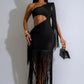 VESTIDO NEGRO FLECOS UN HOMBRO