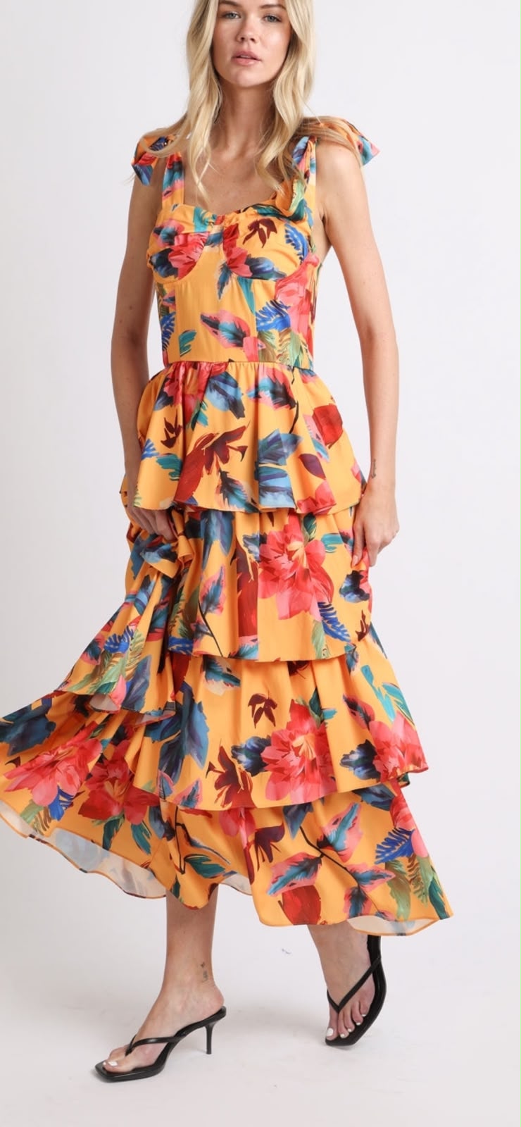 VESTIDO NARANJA OLANES LARGO