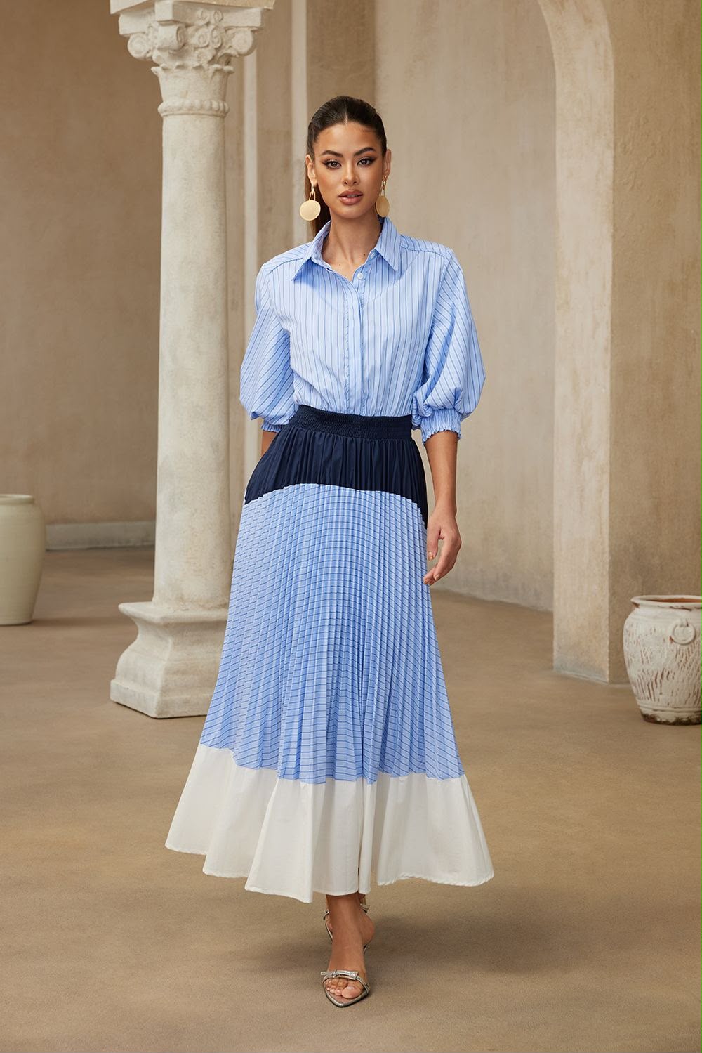 VESTIDO BLANCO RAYAS AZUL MARINO