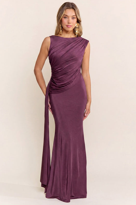 vestido seda largo morado