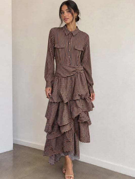 vestido largo con rayado cafe