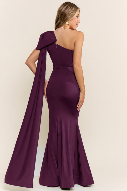 vestido largo con moño morado